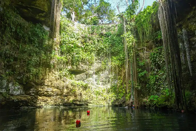 Cenote Ik Kil mit steilen Felswänden und türkisfarbenem Wasser nahe Chichén Itzá
