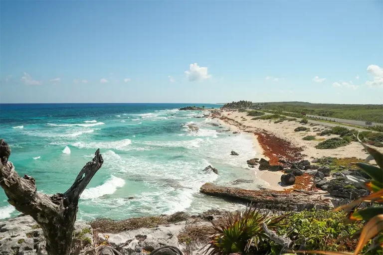 Karibikküste von Cozumel mit türkisfarbenem Meer und felsigem Strand